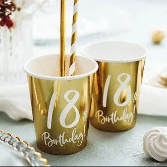 Gobelets en papier dorés pour fête de 18e anniversaire x 6