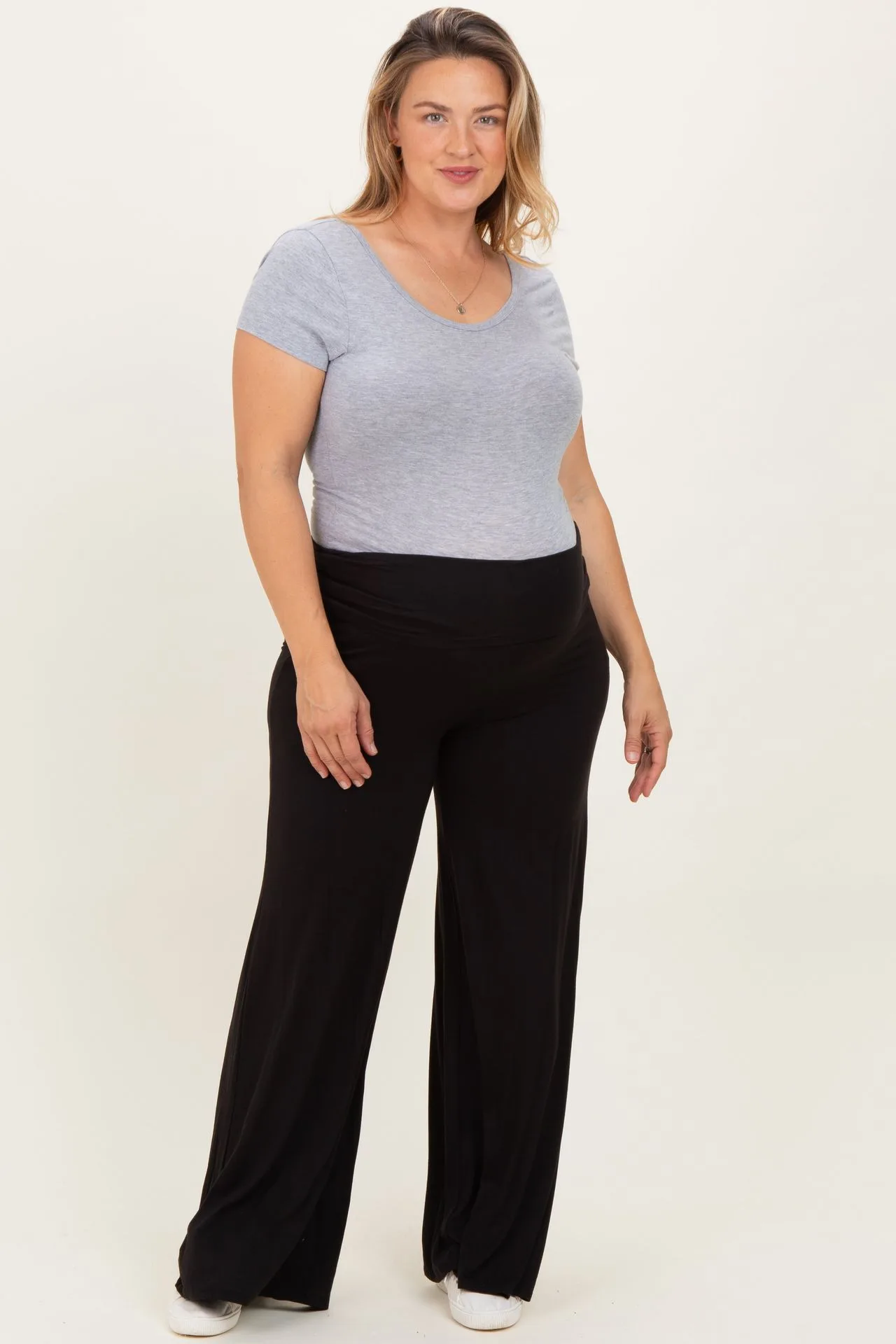 Black Fold Over Waist Wide Leg Maternity Plus Lounge Pants