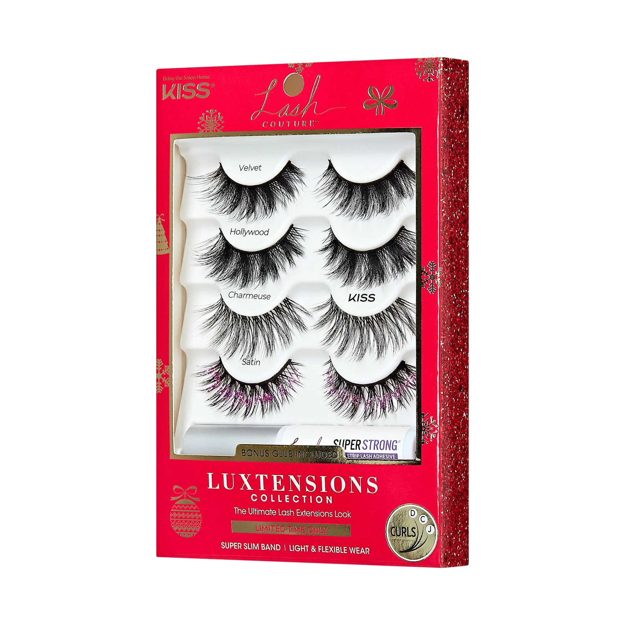 Kiss Lash Couture LuXtensions رموش صناعية للعطلات متعددة القطع - Glitter Pink | 4 أزواج، رموش شريطية، 14مم-18مم