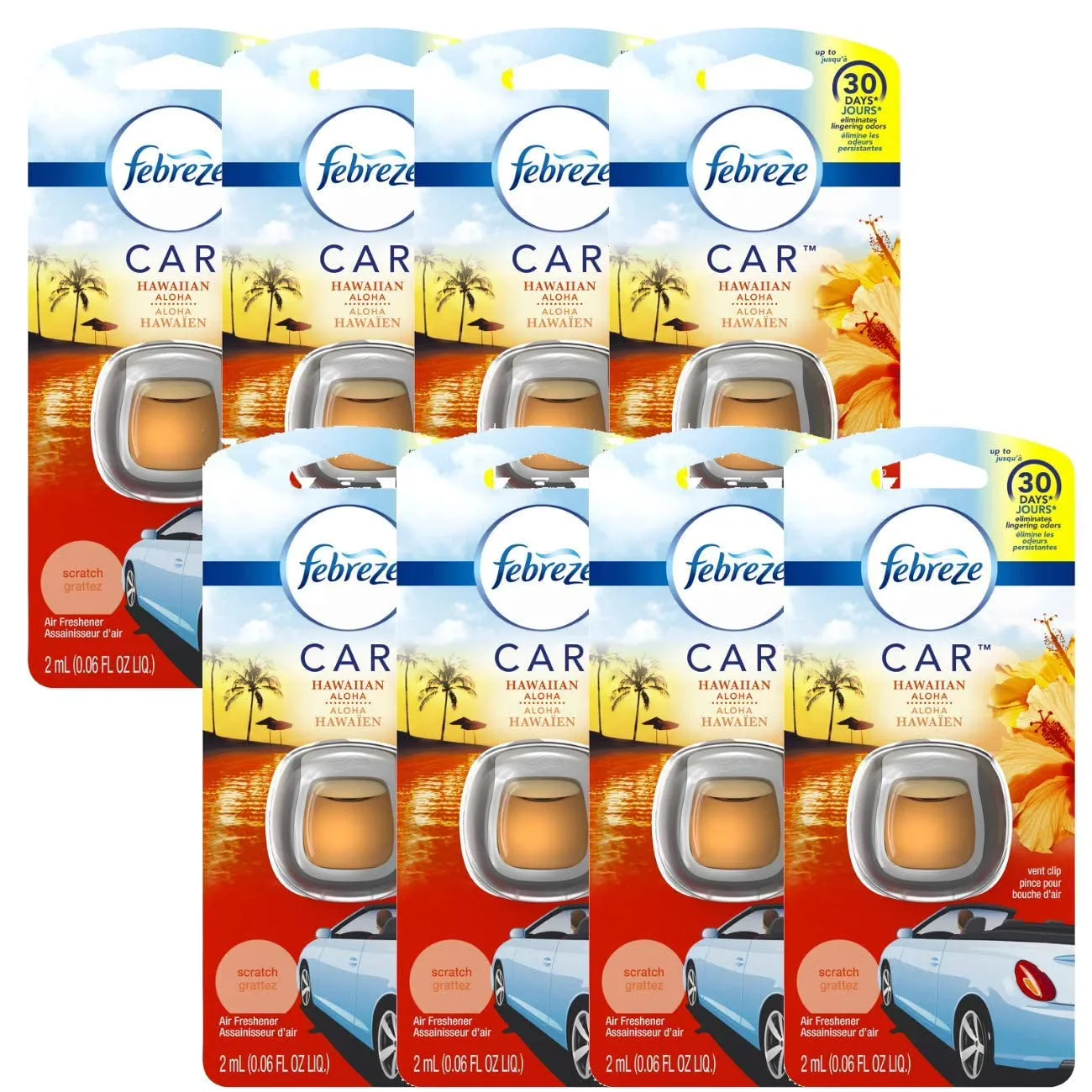 Febreze Odorclear Car Vent Air Freshener Clip, Hawaiian Aloha - 8 Pack X 0.06 Fl.Oz / 200Ml - 30 Days