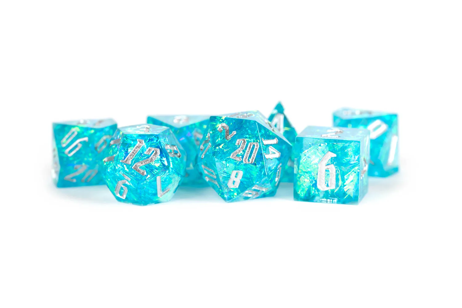 Dadi artigianali a spigoli vivi: Aqua Pyre
