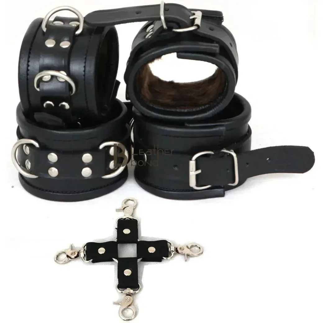 Echtes Leder 5-teiliges pelzgefüttertes Fußfesseln & Handfesseln Fessel-Bondage-Set mit Hogtie | Schwarz