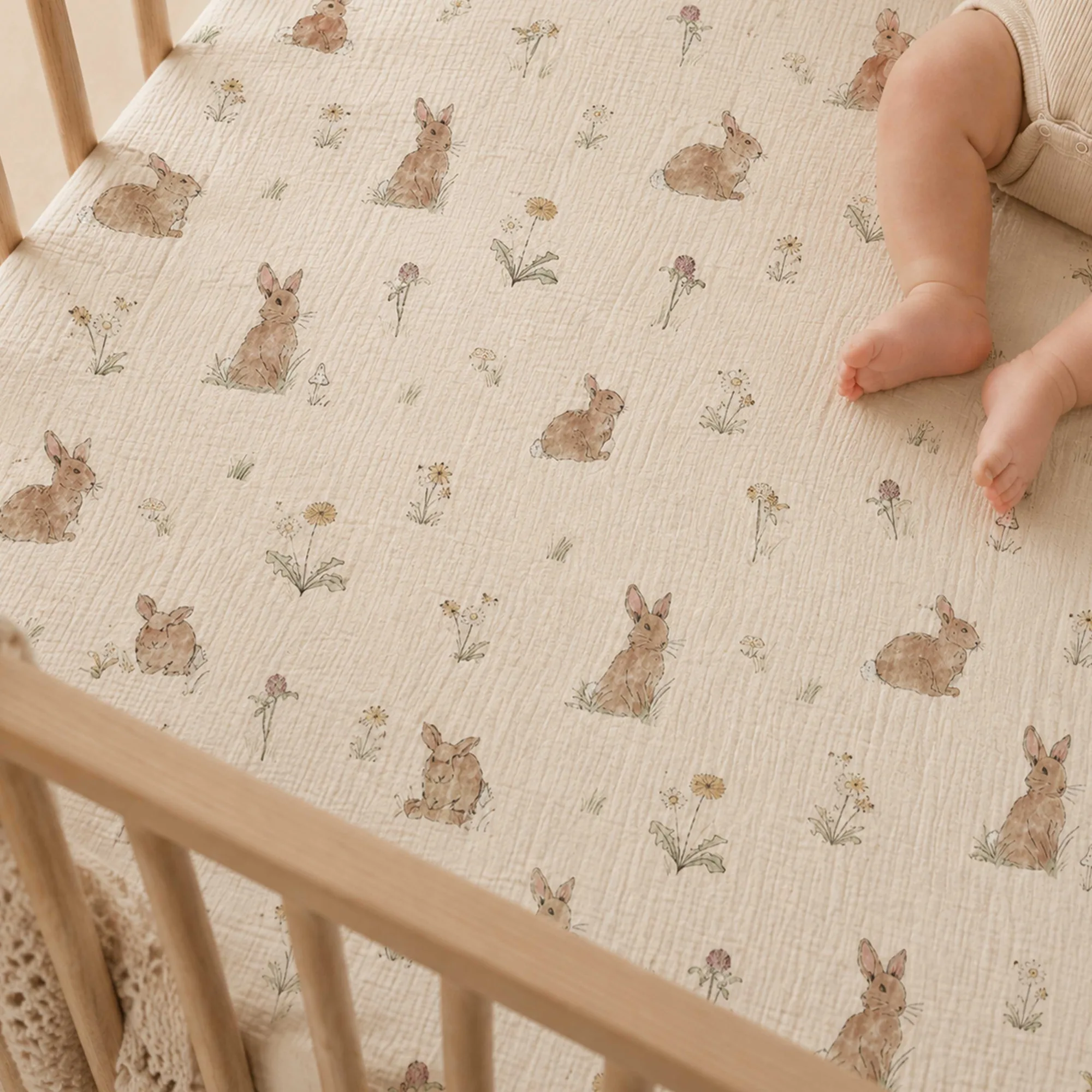 Cotton Muslin Fitted Cot Bed Sheet 140 x 70cm - Bunnies