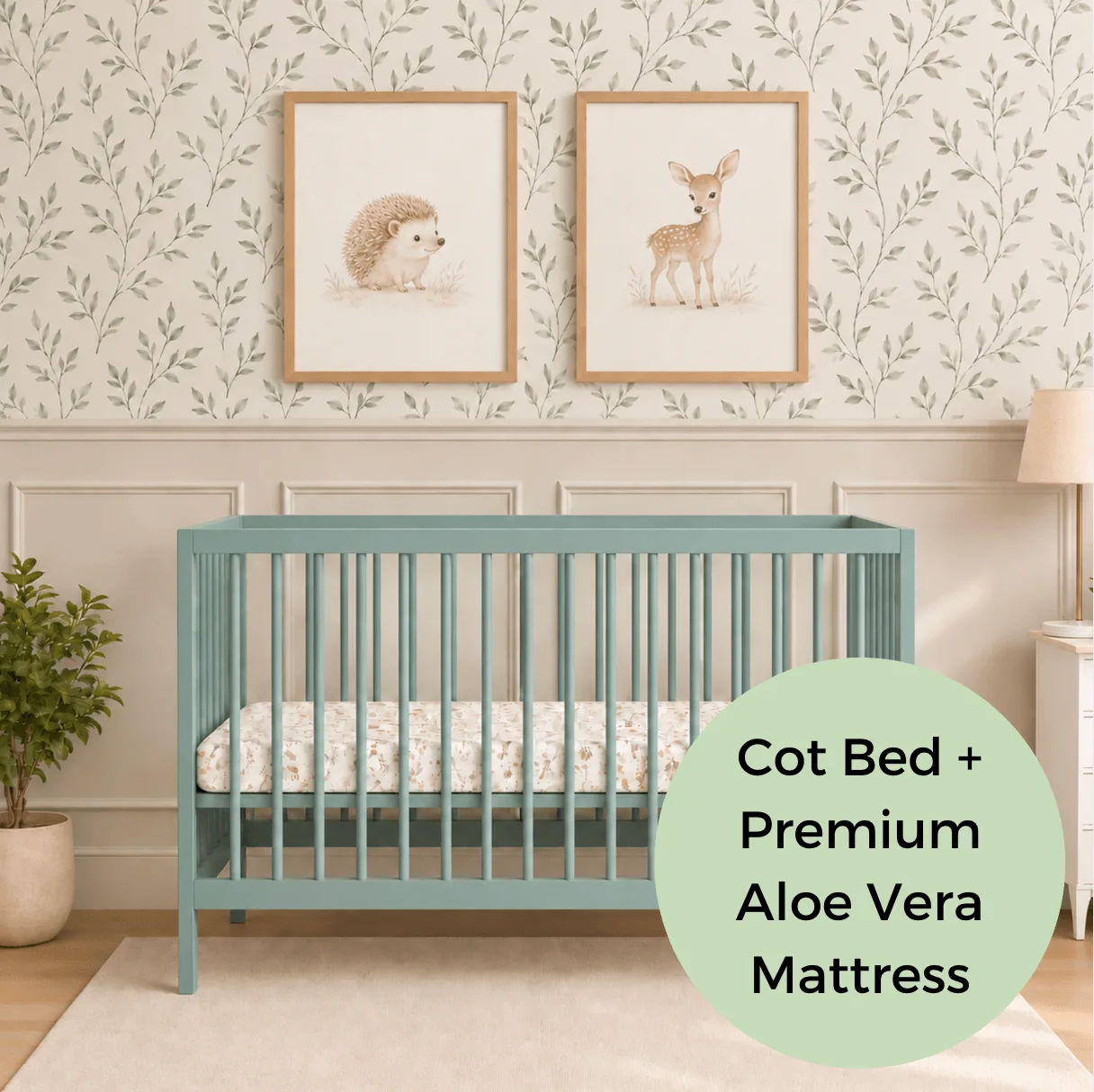 Mini Cot Bed With Premium Aloe Vera Mattress - Stone Teal (120x60)