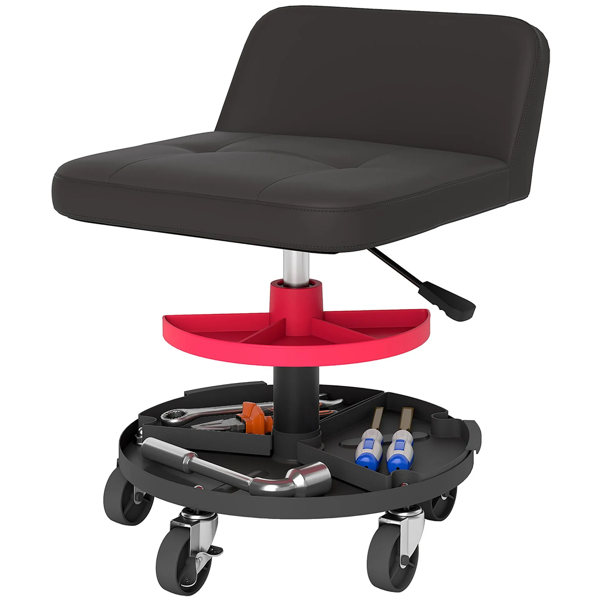 HOMCOM Rolling Creeper Garage Stool, 300 LBS Capacity Mechanic Stool with 360° Wheels, Tool Tray, Adjustable Height, Black
