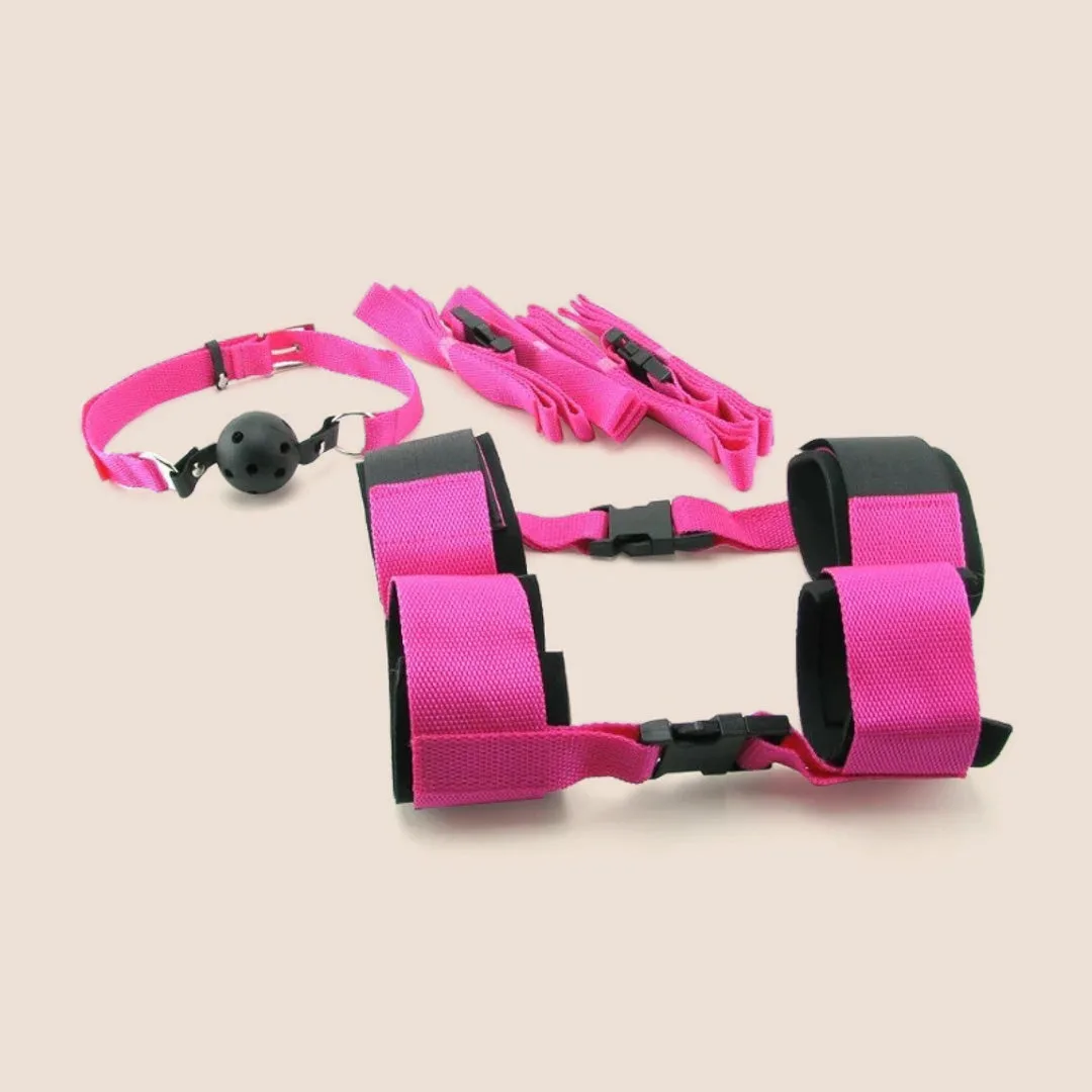 Fetish Fantasy Passion Bondage-kit | pols- en enkelboeien, vier nylon banden, knevel