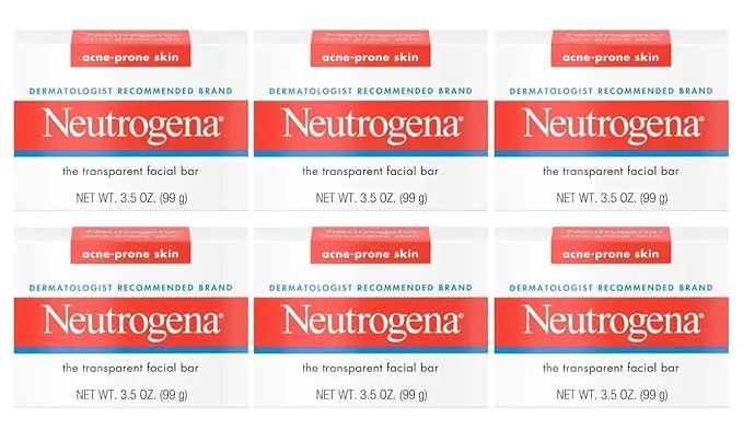 Neutrogena Sabun Pembersih Wajah untuk Kulit Berjerawat, Formula Non-Obat & Kaya Gliserin, Hipoalergenik, Bebas Deterjen dan Pewarna, 3.5 oz (Paket Isi 6)