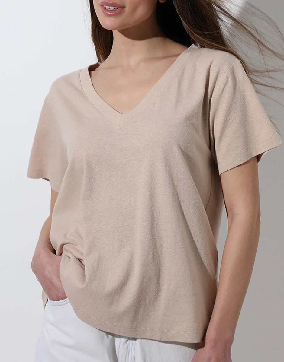 Korte mouwen shirt met V-hals van katoen en linnen, cappuccino