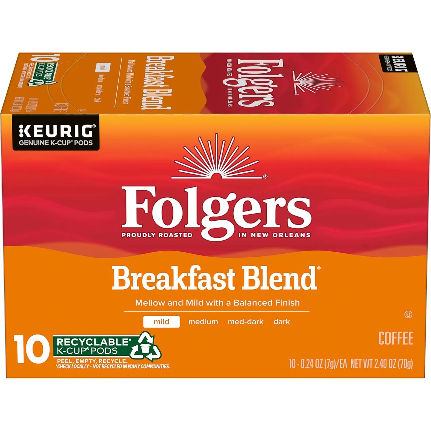Folgers Breakfast Blend Coffee, Mild Roast, Keurig K-Cup Pods, 10 Count Box