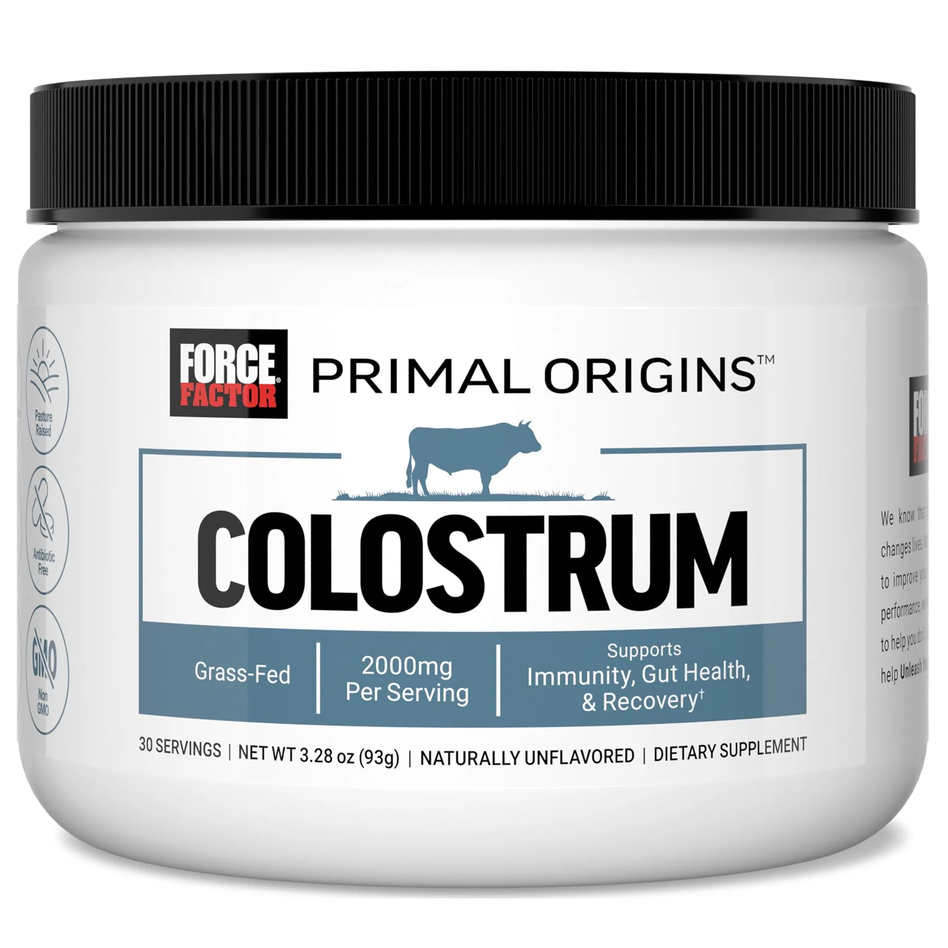 Force Factor Primal Origins Bovine Colostrum Powder, to Support Gut Health, Immunity & Recovery, Pasture-Raised, Grass Fed, Hormone Free, Naturally Unflavored, 30 Servings