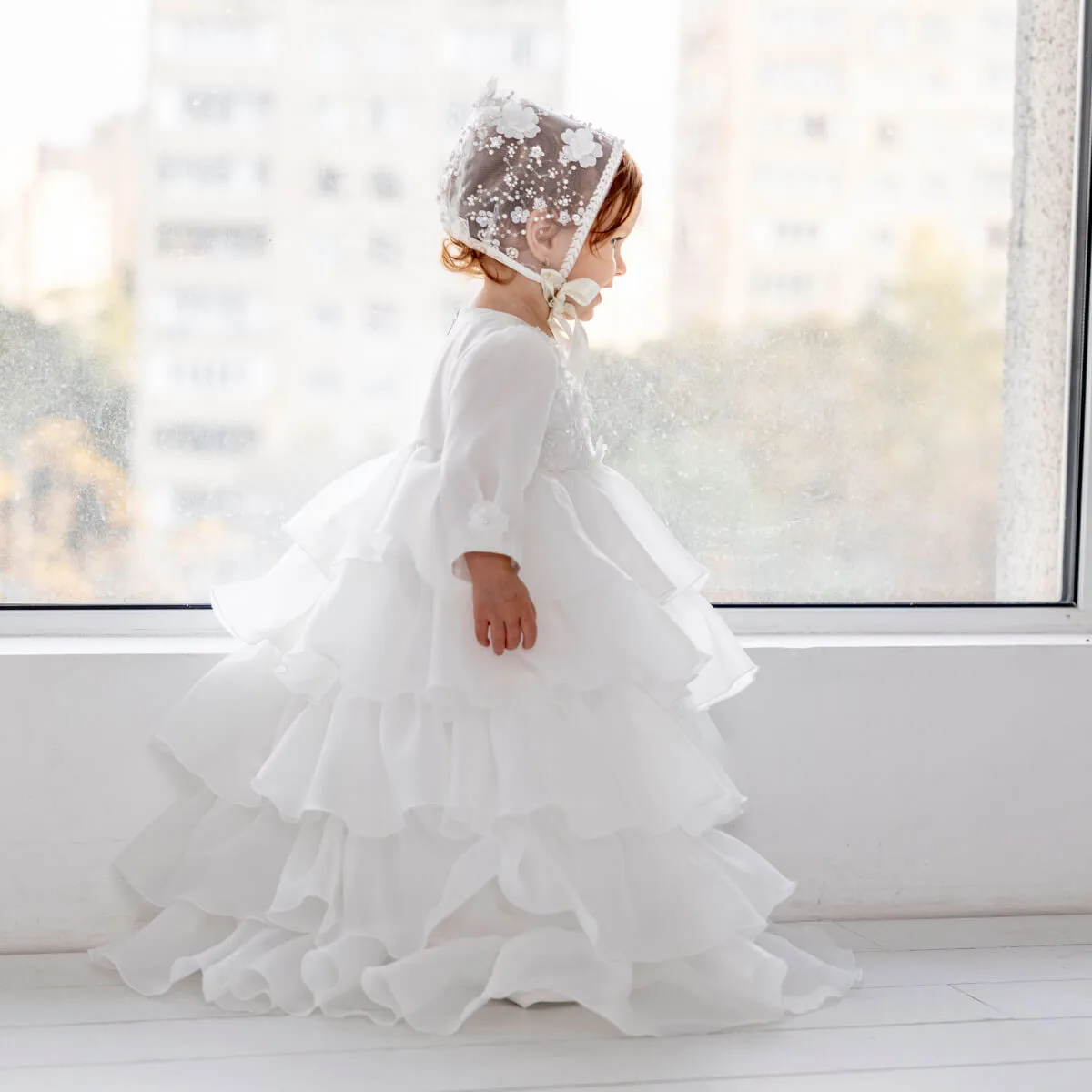 MAYA Long Christening Gown for Girls – 3D Lace Baptism Dress
