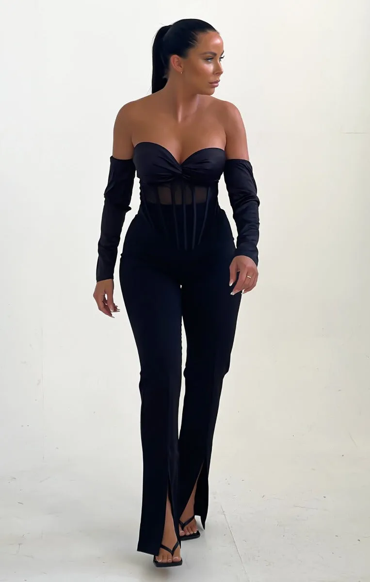 Black High Waisted Front Split Tailored Trousers - Lottie