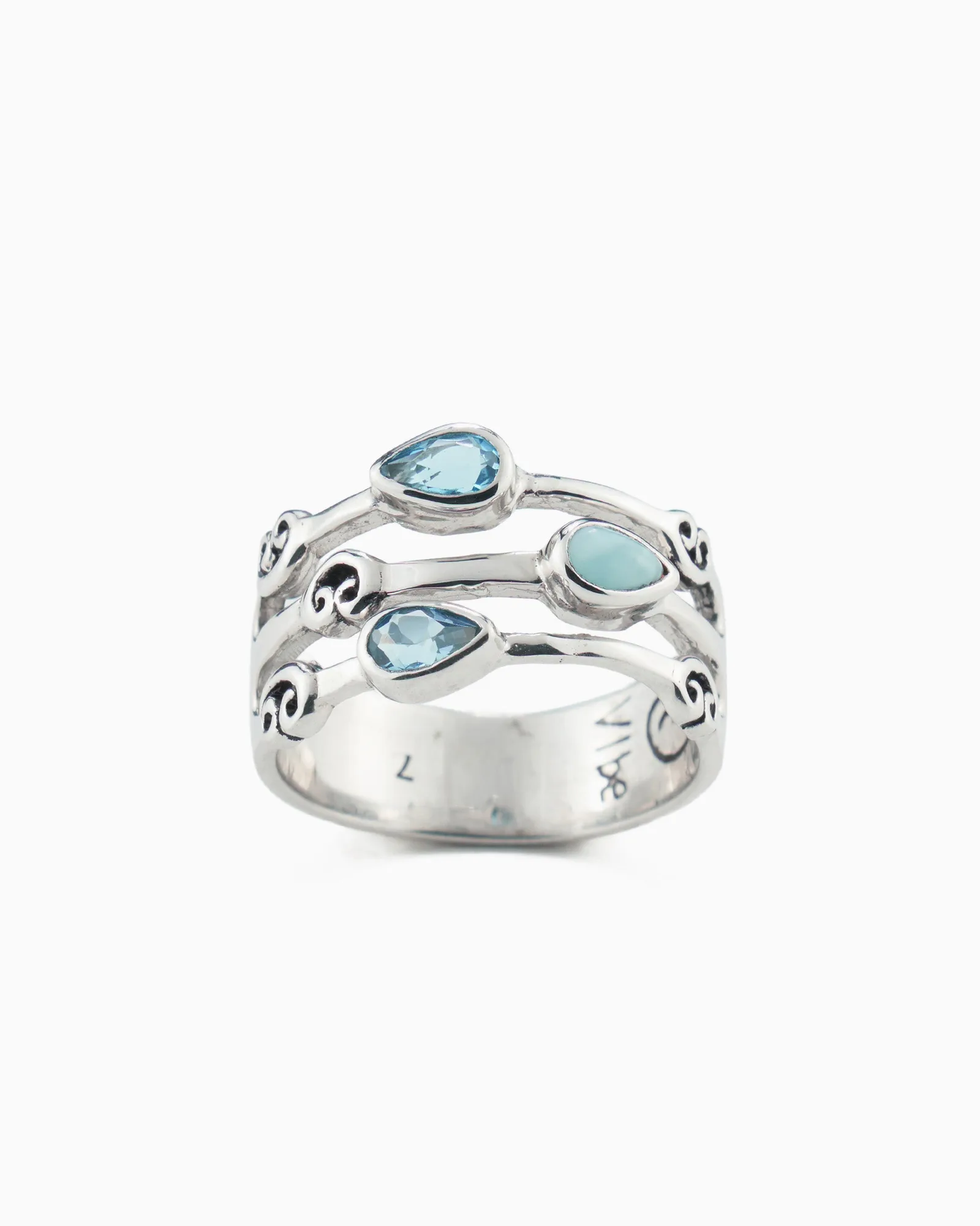 Anillo Triple Band con tres piedras - Larimar/Hampton Blue Topaz