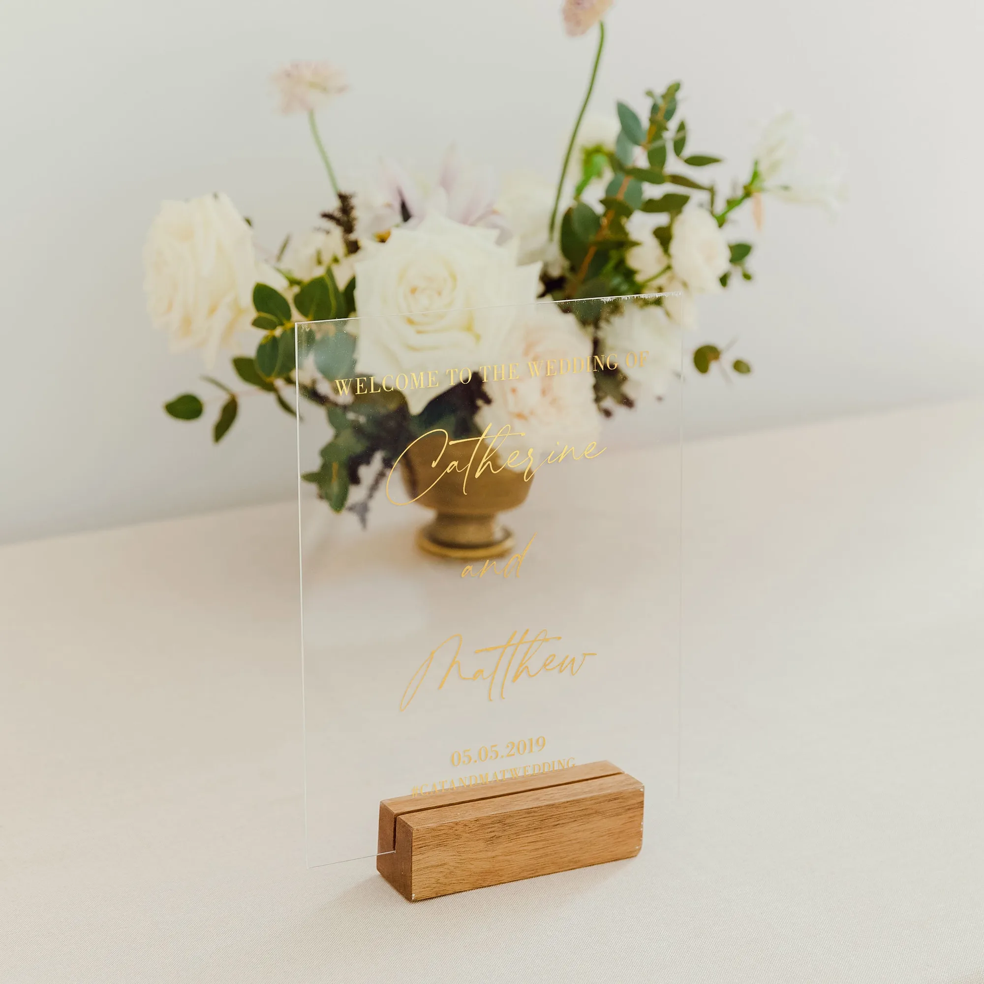 Custom Foil Printed Clear Acrylic Tabletop Wedding Sign - Scripted Couple