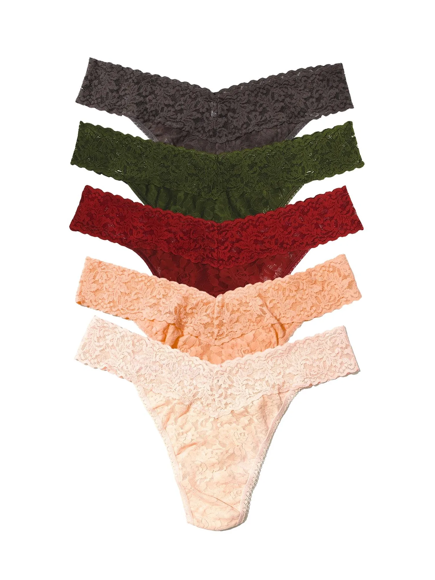 5 Pack Signature Lace® Original Rise Thongs In Printed Box Granite Grey/Woodland Green/Clay Ole Red/Apricot Crush Orange/Vanilla