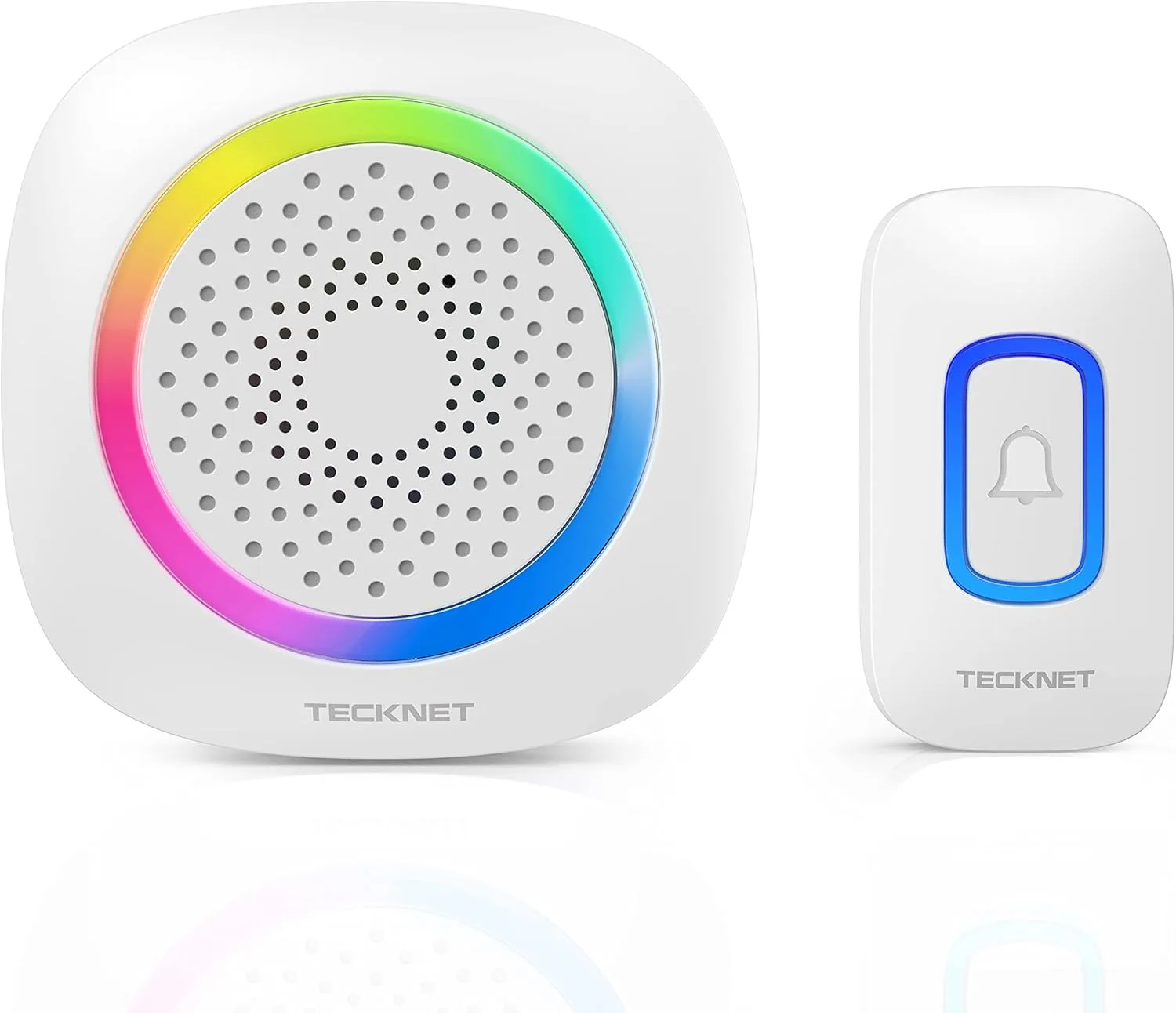 TECKNET جرس باب لاسلكي أطول مدى 1300 قدم مع إضاءة إنذار RGB، تصميم مقاوم للماء IP66 يعمل بالبطارية، 60+ نغمة ومستوى صوت 5 مستويات للمنزل/الشقة، عمر بطارية 4.5 سنة، أبيض، FCC ID:YI6