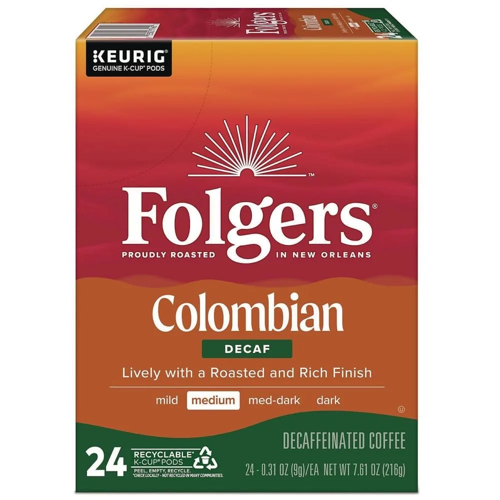 Folgers 100 percent Colombian Decaf K-Cups for Keurig brewers, 24 Count