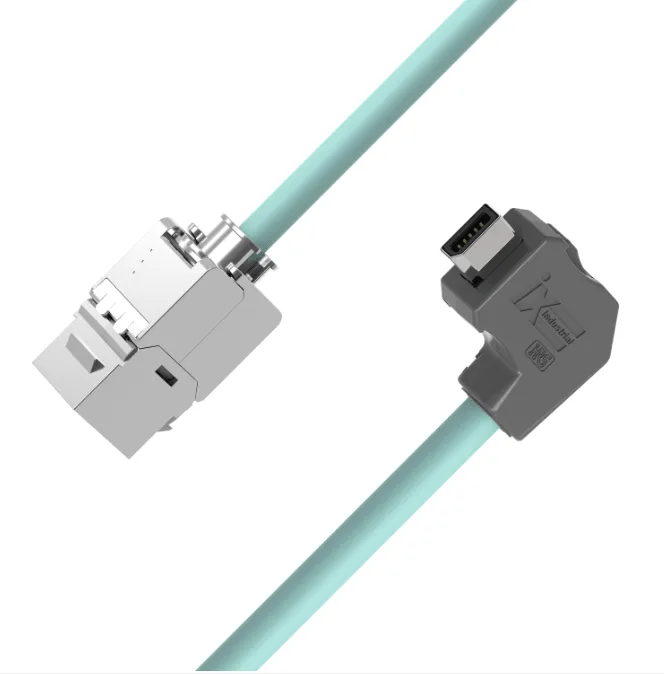 Cable Ethernet industrial IX CAT6A blindado TPE verde azulado – IX A-Key angulado hacia abajo a keystone jack RJ45