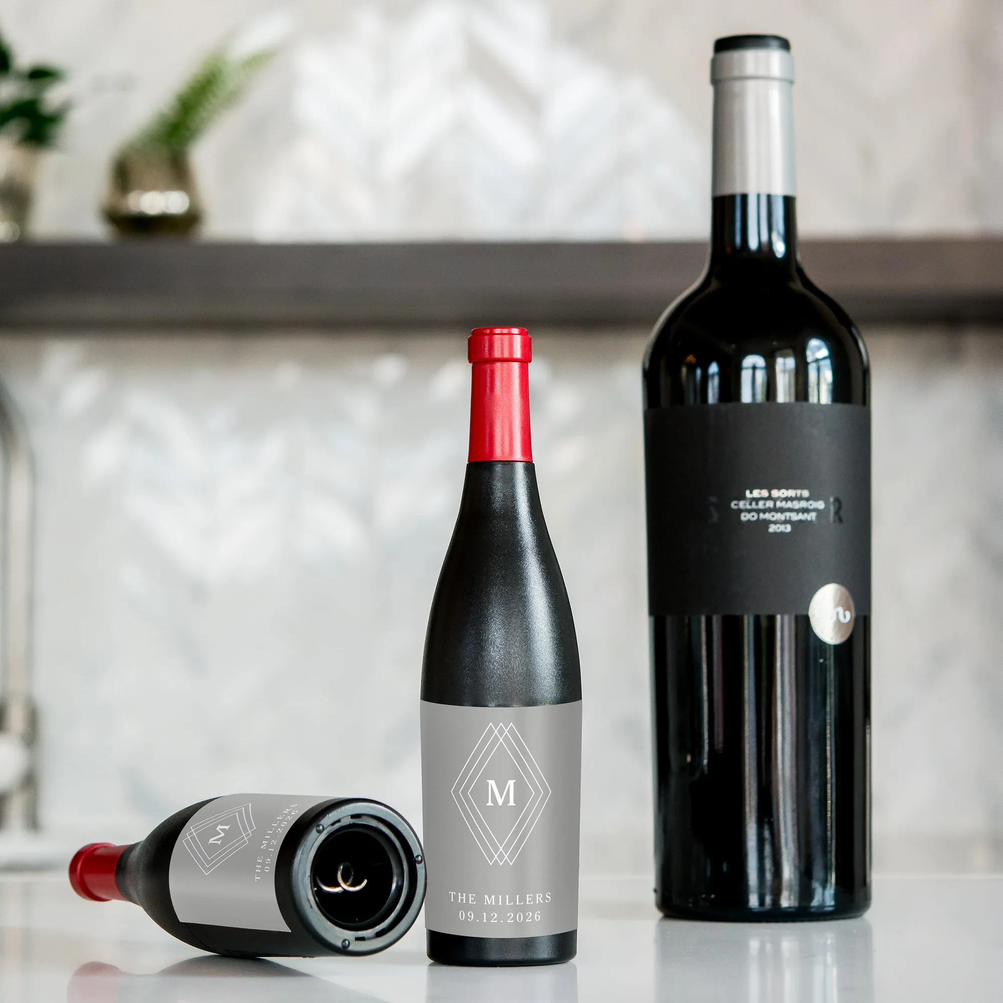 Personalized Metallic Label Wine Bottle Shaped Corkscrew Favor - Diamond Emblem Monogram