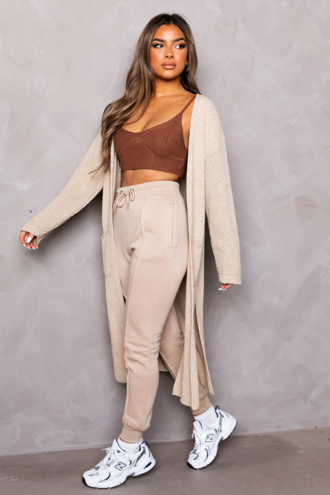 Stone Knitted Long Sleeve Side Split Longline Midi Cardigan - Avery