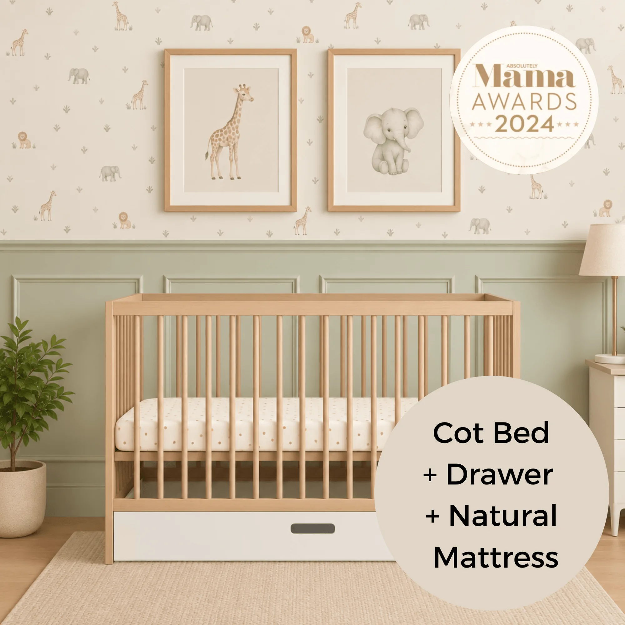 Mini Cot Bed With Drawer & Natural Mattress - Beech (120x60)