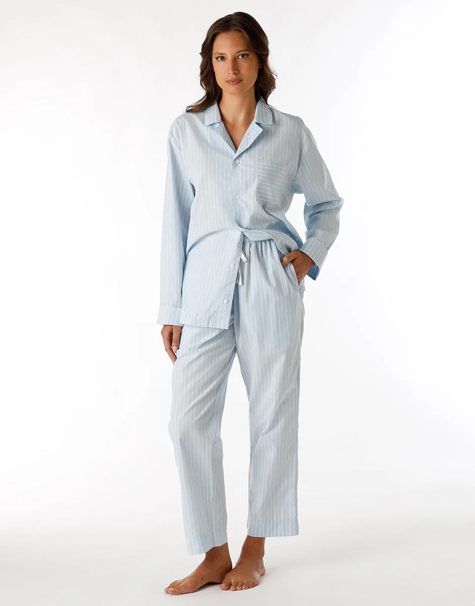Pyjama long ouvert unisexe en toile de coton bleu à rayures