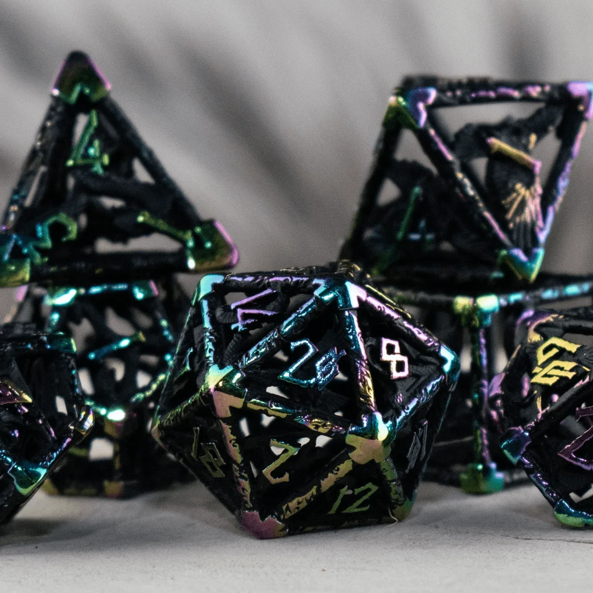 Pre-Order|| Legends of Valhalla - Matte Black and Iridescent Hollow Metal Dice Set