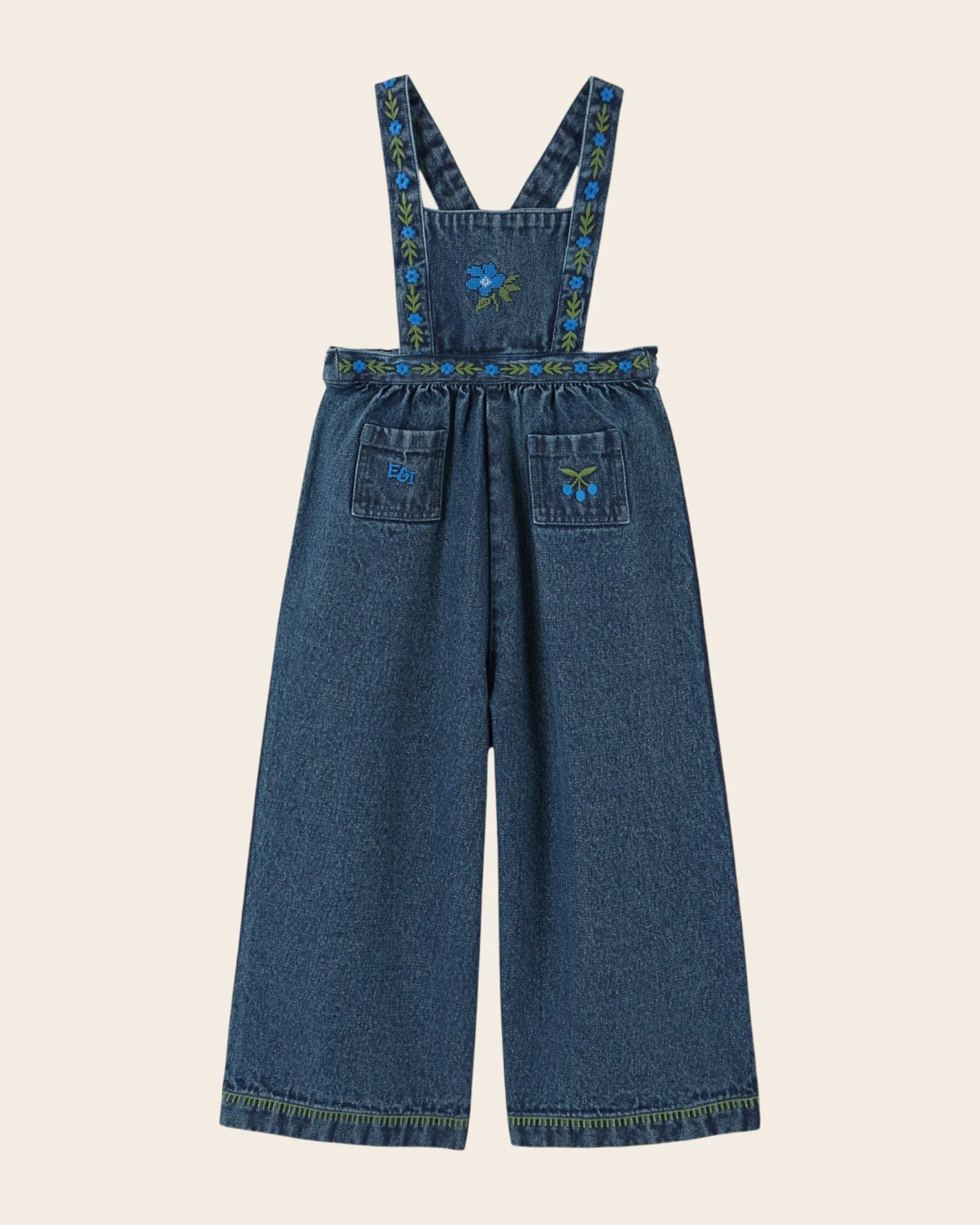 Salopette - Fleurs brodées denim bleu