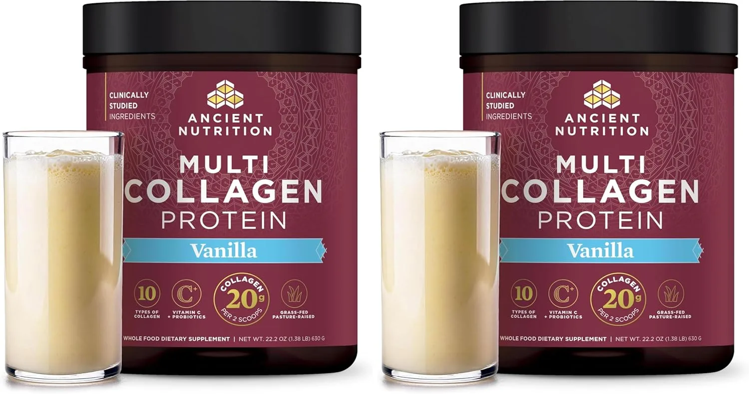 Ancient Nutrition Collagen Peptides Powder, Multi Collagen Protein, Women & Men, Vitamin C, Probiotics, Hydrolyzed Collagen, Supports Skin, Joints, Gut Health, Vanilla, 60 Servings (Pack of 2)