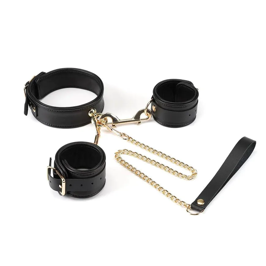Highest Premium Thick Black SheepSkin Leather Bondage Set - Collar with leash Hand cuffs 2 Clips and chain clip BDSM