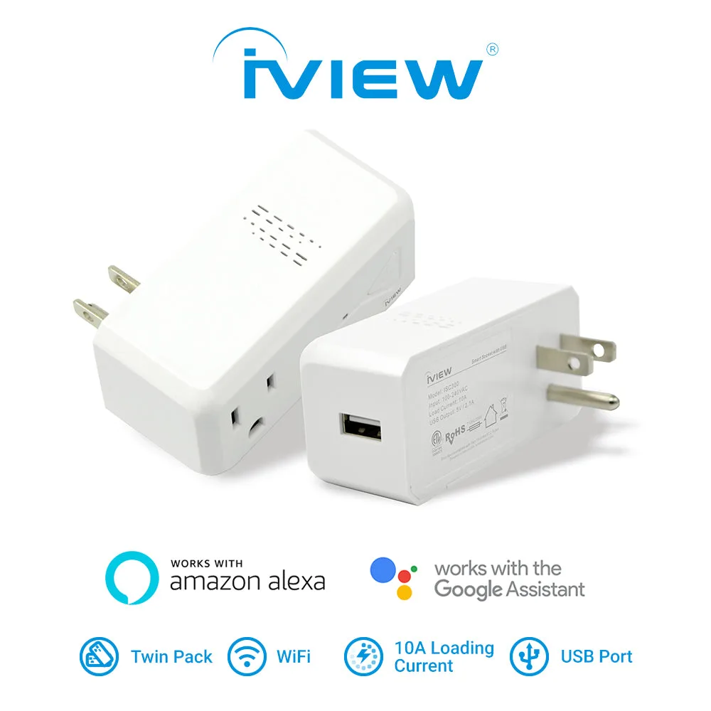 ISC300 1100W Last max., 10A Smart WiFi Steckdose & Stecker mit 5V 2.1A USB-Anschluss (Doppelpack)