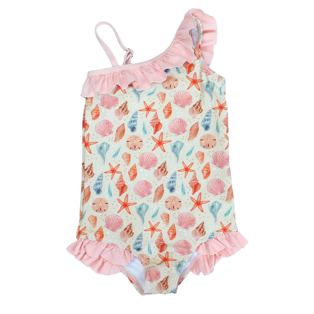 Sandy Seashells Ruffle Leg One Piece Girls Swimsuit