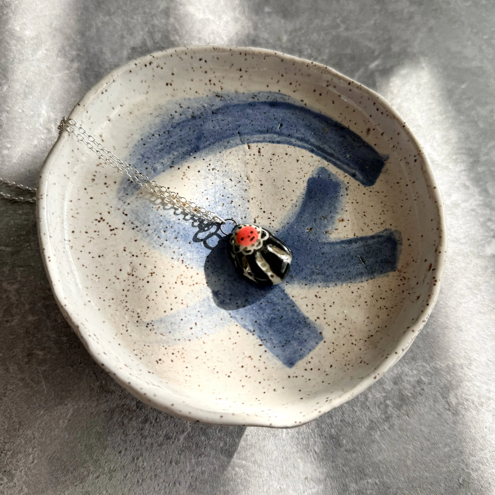 Ceramic Little Friend Porcelain Charm with Silver Luster Accents Antique Gold Necklace