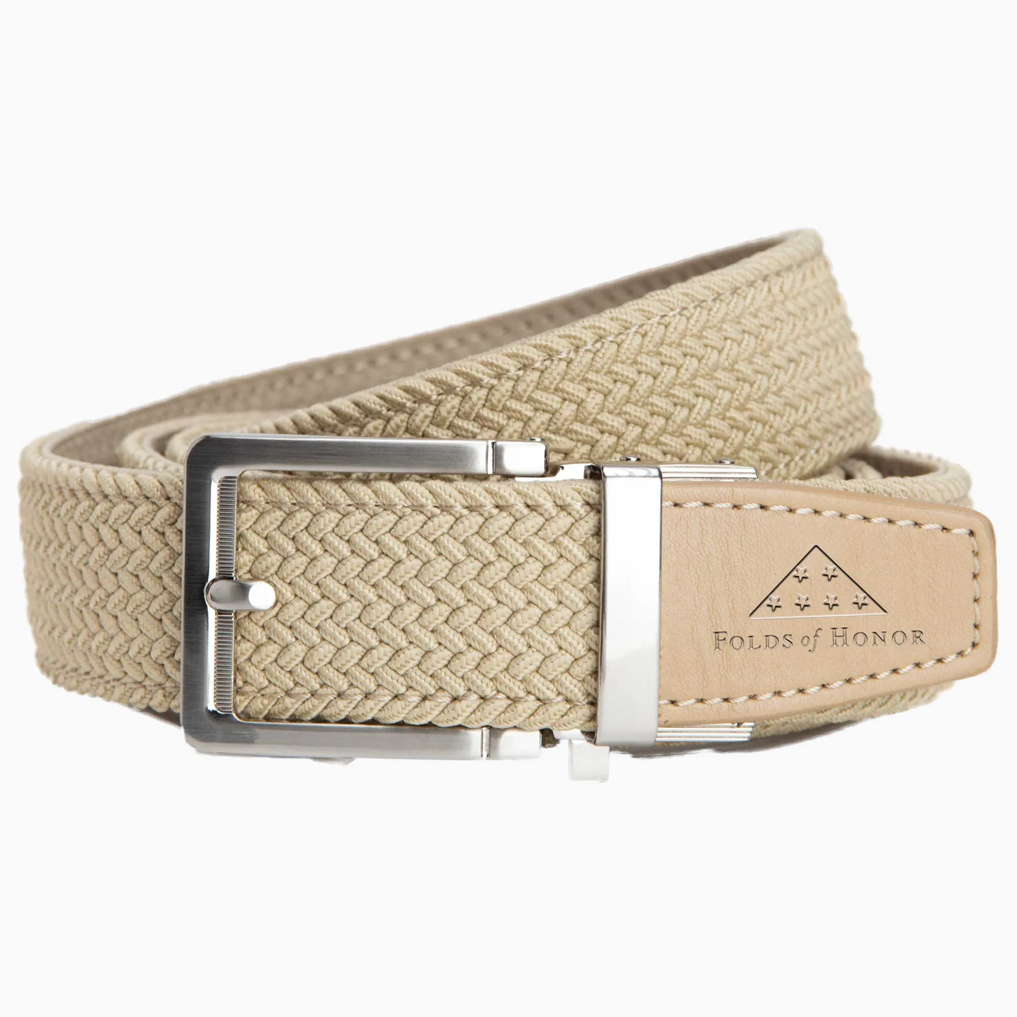 FoH Braided Tan Stamped Tip Golf Ratchet Belt 1 3/8" Strap 35mm