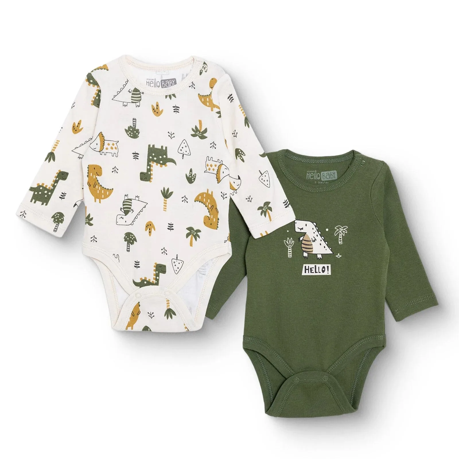HelloBaby Lot de 2 bodies manches longues à imprimé dinosaure (1-3 mois à 2-3 ans)