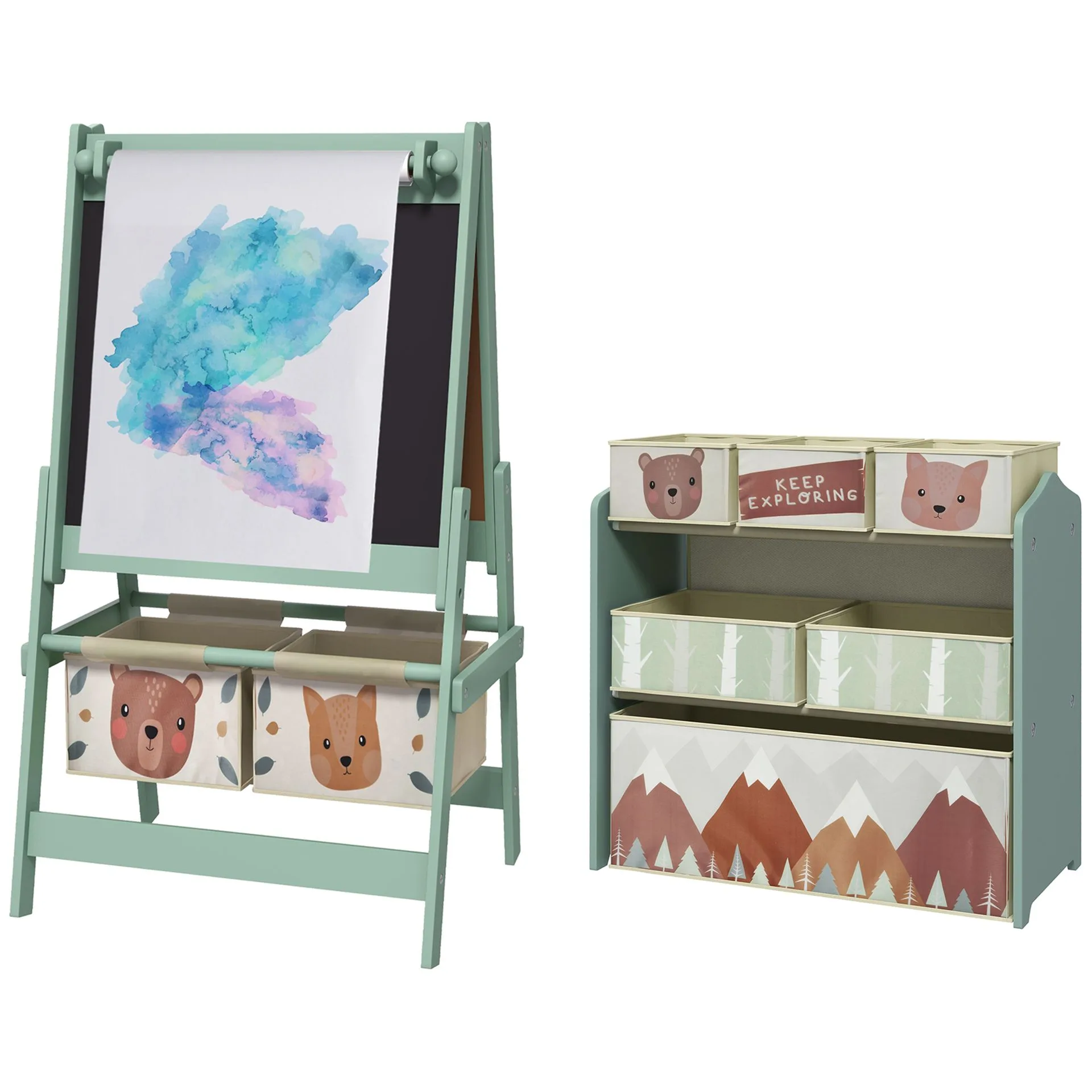 Qaba Kids Toy Organizer and Kids Easel Set with 6 Storage Bins, Paper Roll, Blackboard, Whiteboard, for Ages 3-8 Years, Green