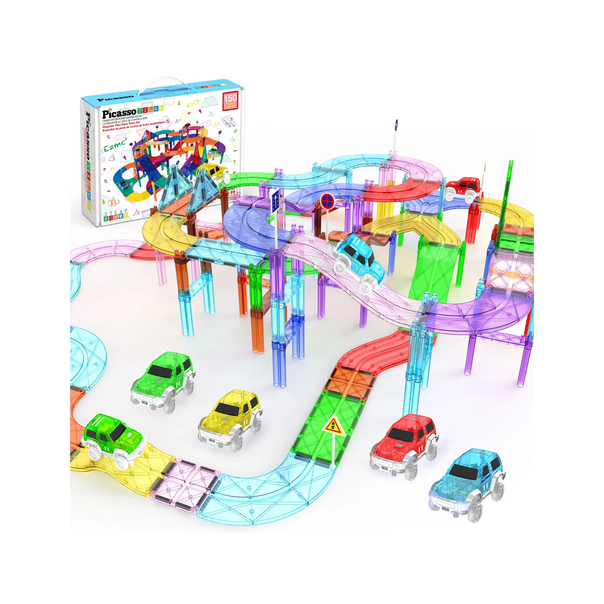 PicassoTiles Magnetic Tile Race Track Set (150 Pieces) with 4 LED Cars