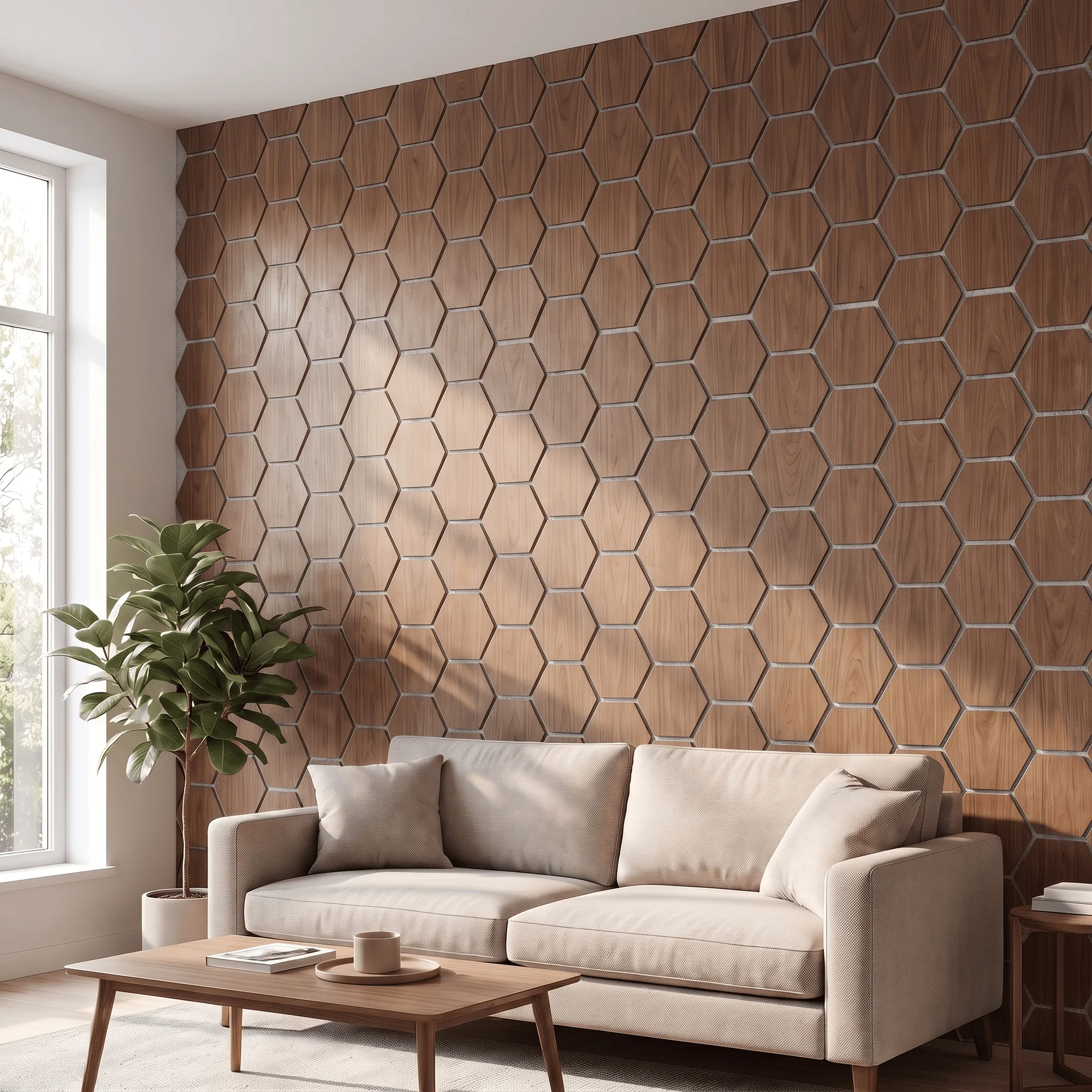Hexagon Acoustic Panel | Walnut with Gray Felt 32 Inch (4 Panels per Box) | Wall Decor