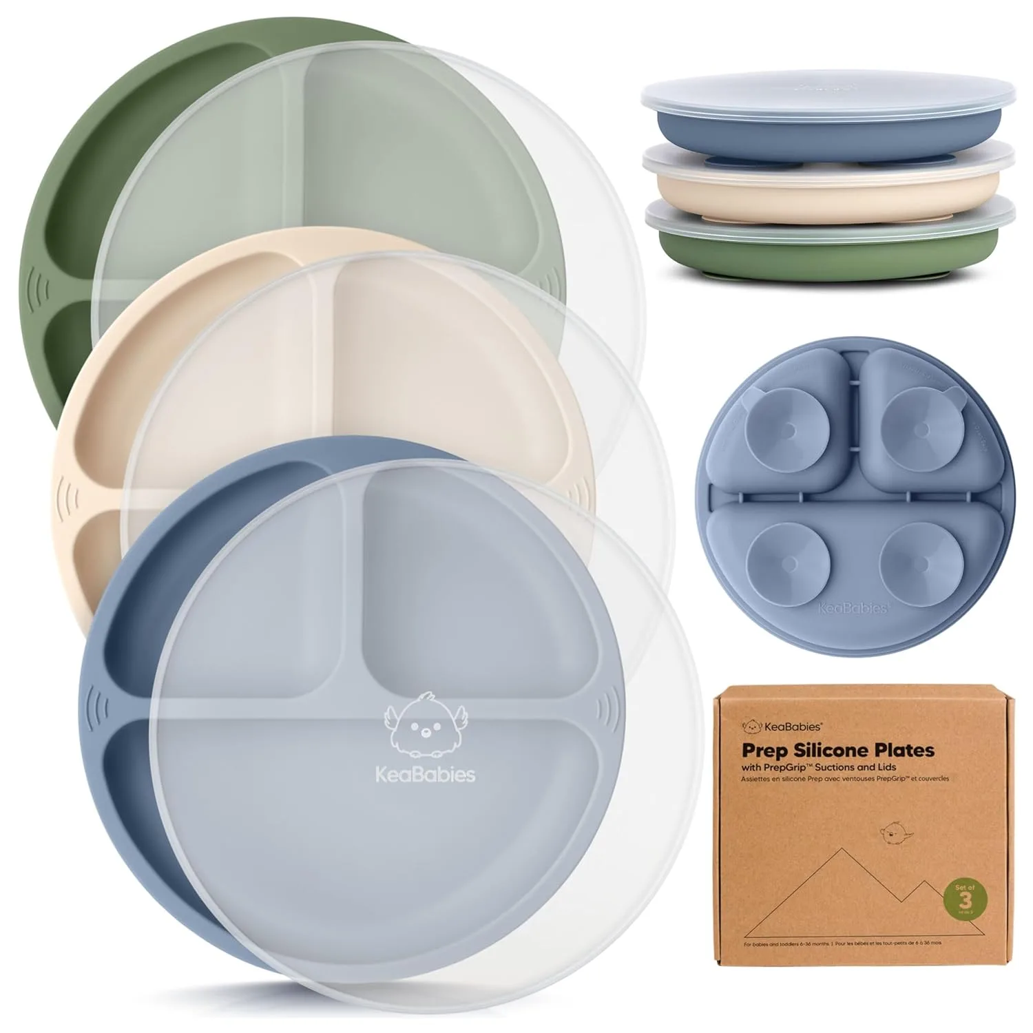 Bộ 3 Đĩa Hút Silicone Chuẩn Bị Bữa Ăn Có Nắp