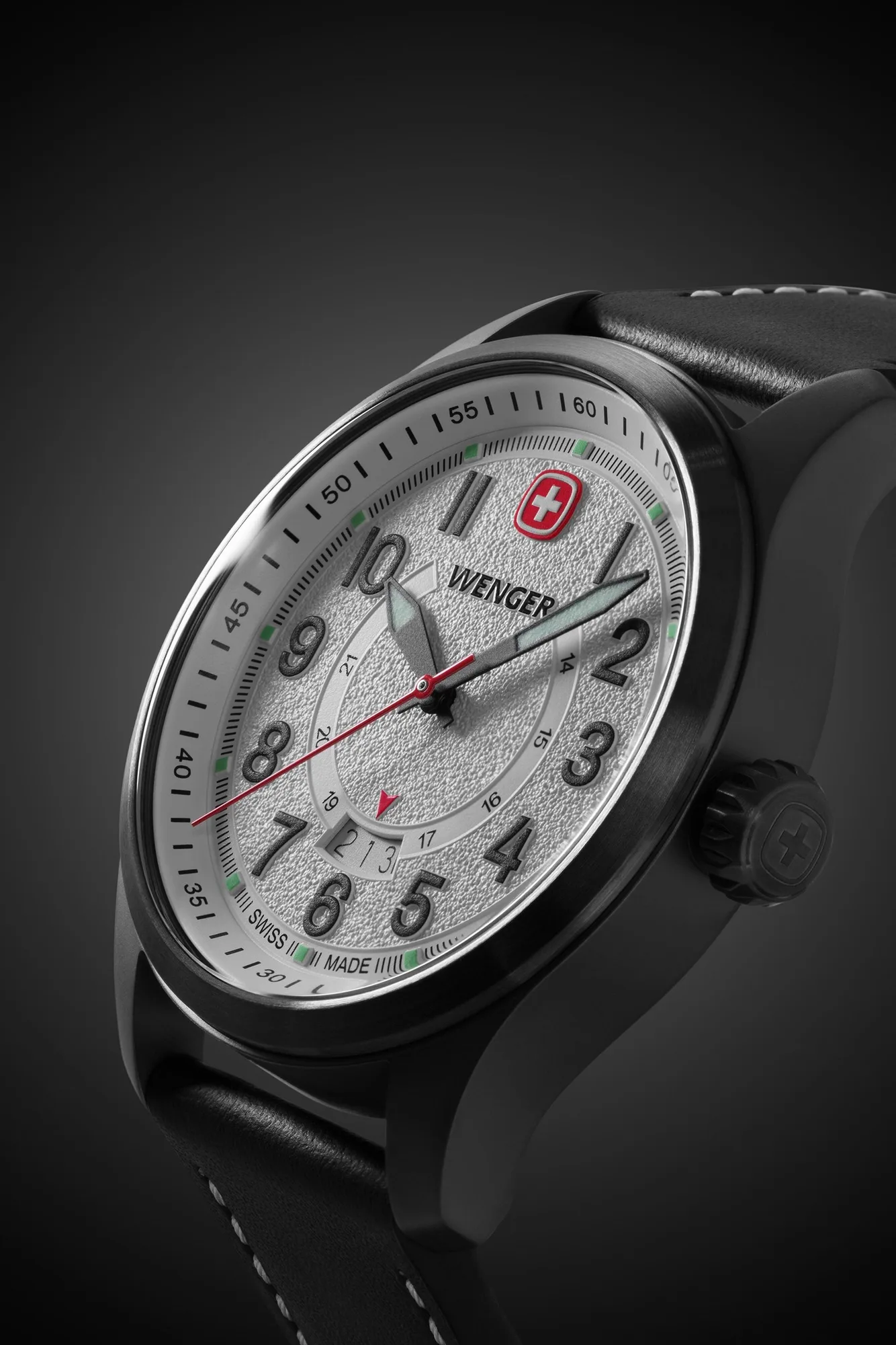 Wenger Terragraph Swiss Watch in Black Ice with White Dial and Black Leather Strap