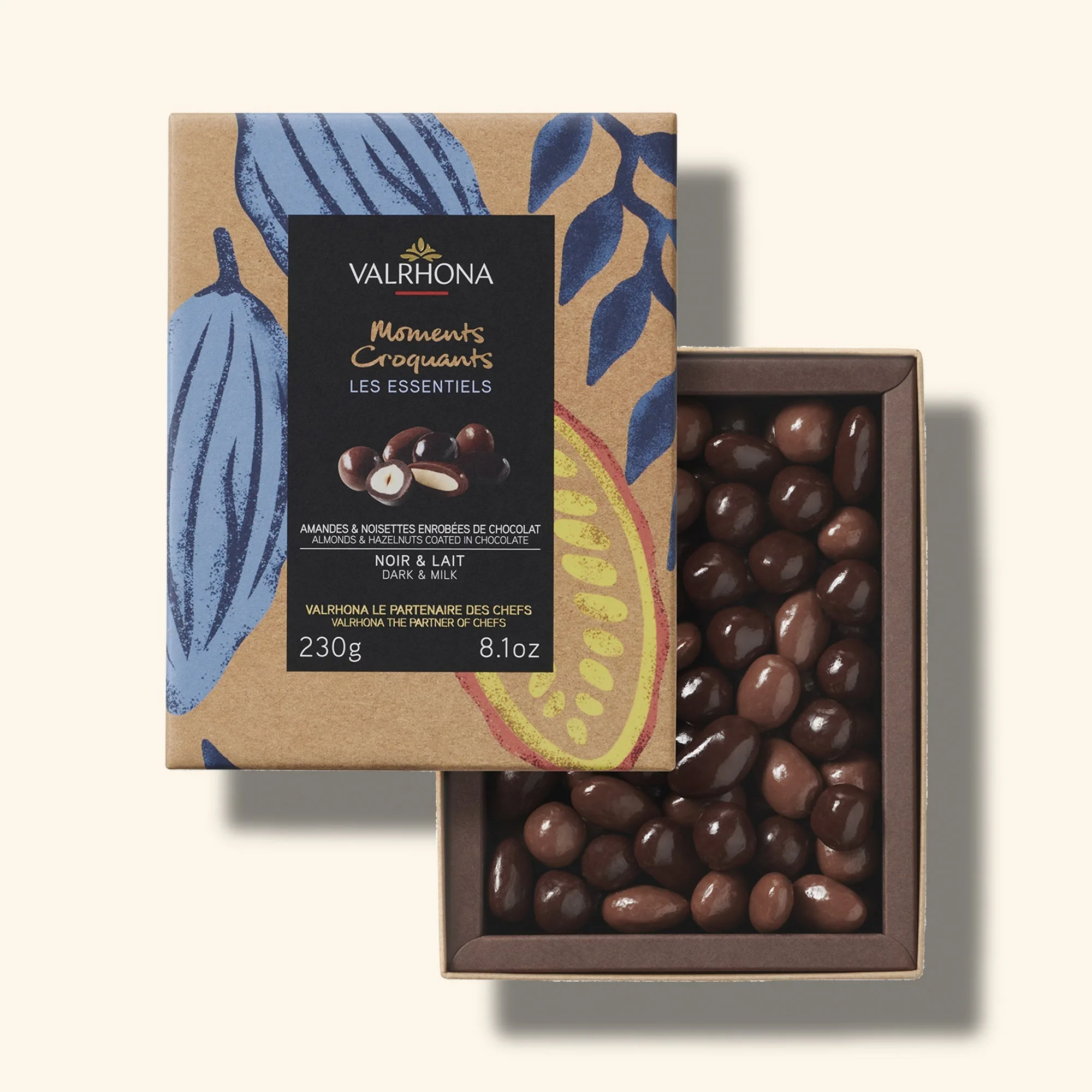 Guía de caja de regalo de frutos secos cubiertos de chocolate negro y con leche