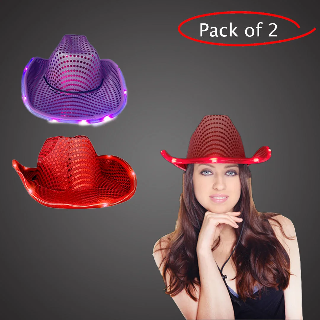 LED-Cowboyhut mit blinkenden Pailletten in Rot und Lila - 2er-Pack