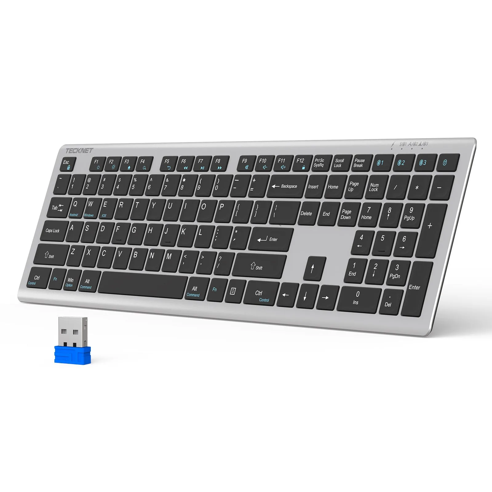 TECKNET BASICS Bluetooth Keyboard, Rechargeable 4-Device (2.4G+BT) Ultra-Slim Full Size Wireless Keyboard with Quiet Typing, Adjustable Stand & 12 Multimedia Keys for PC, Laptop, S