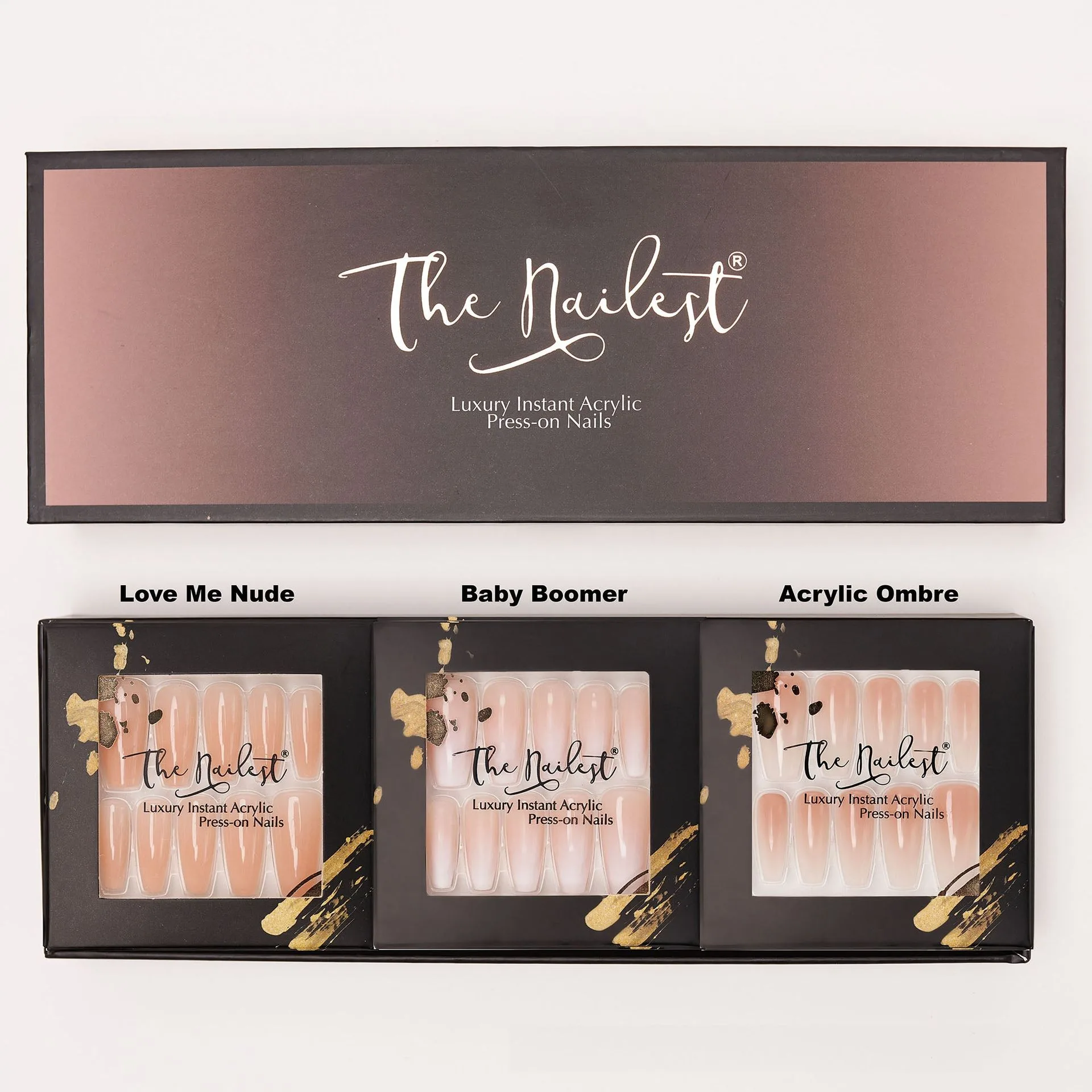 ชุดกล่องของขวัญ 3 ชิ้น *Everyday Nude* เล็บกดทรงโลงขนาดกลาง อะคริลิกหรูหราแบบติดทันที