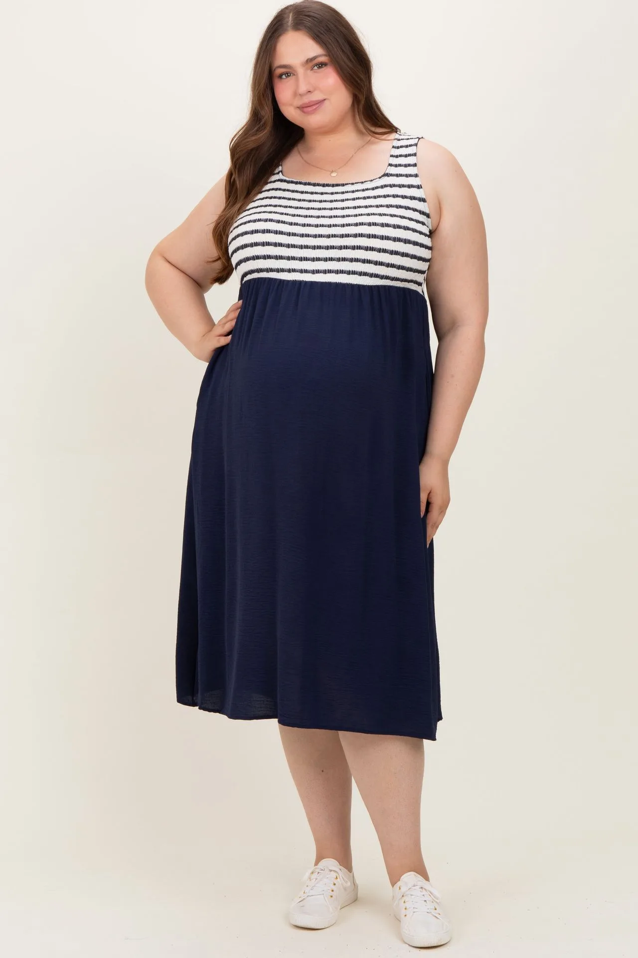 Navy Striped Fit And Flare Sleeveless Plus Maternity Midi Dress