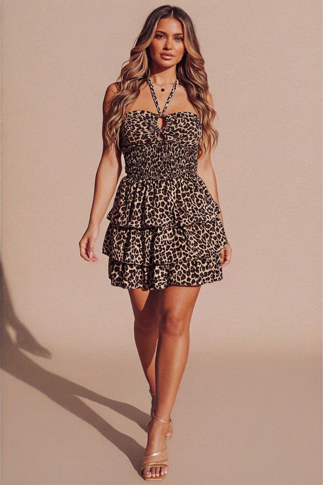 Leopard Brown Polka Dot Tiered Frill Halterneck Mini Dress- Joyna