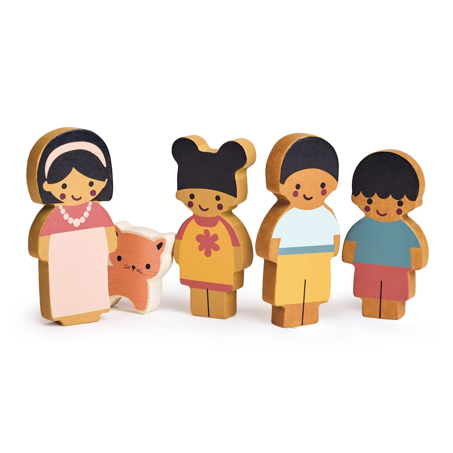 Familia de muñecas de madera con gato