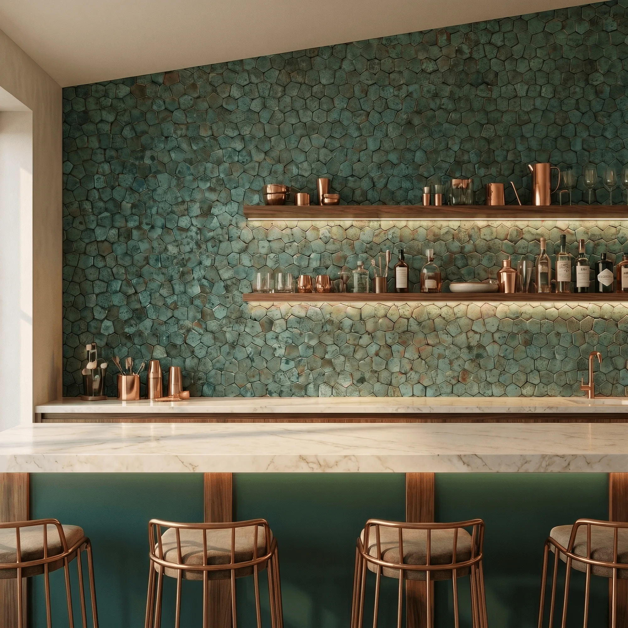 Peel and Stick Backsplash | Pentagon 3D Patina Copper | 11.1×11.1"