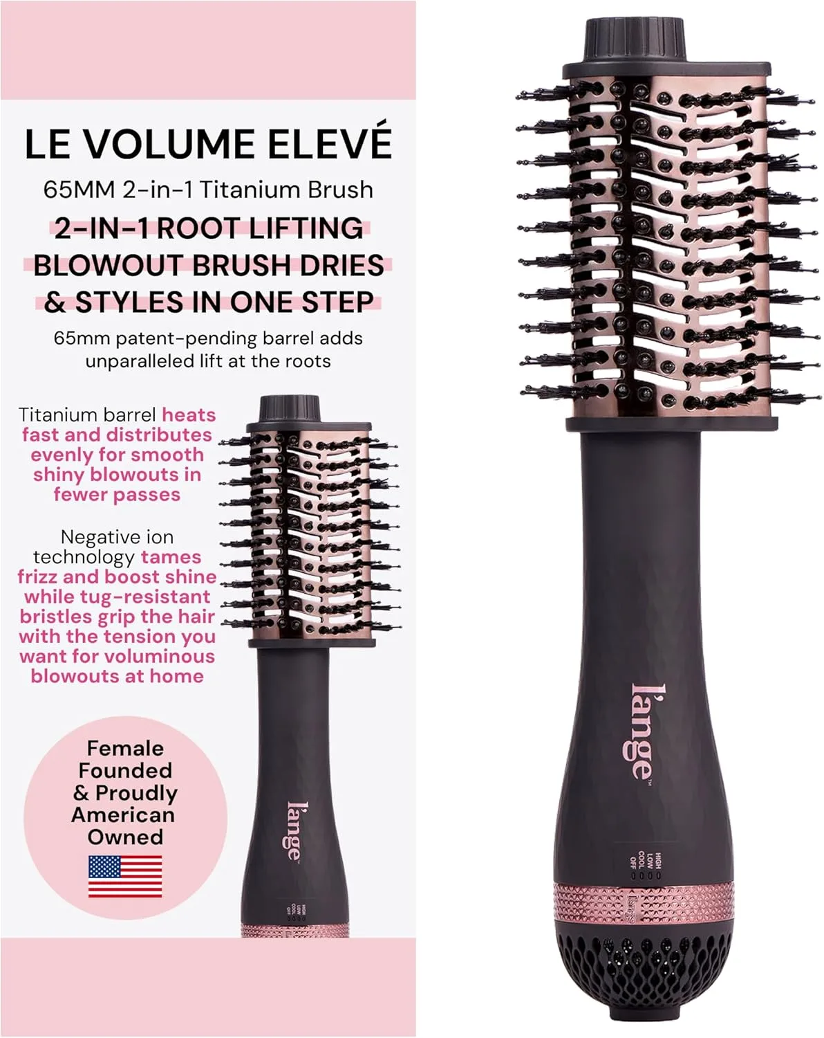 L'ANGE HAIR Le Volume Elevé 65MM 2-in-1 Asciugacapelli a Spazzola in Titanio (Nero)