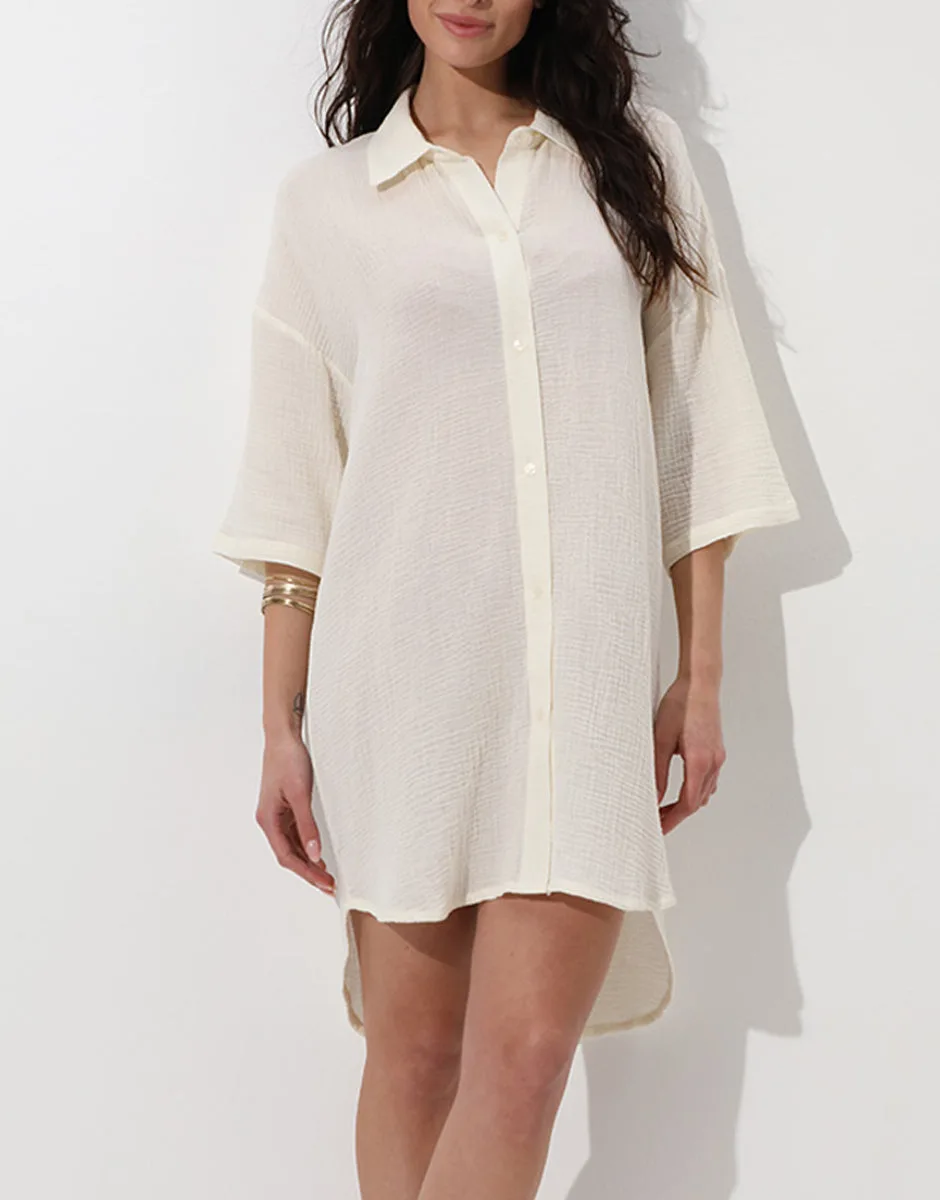 Abito camicia manica 3/4 in cotone intrecciato, bianco seta